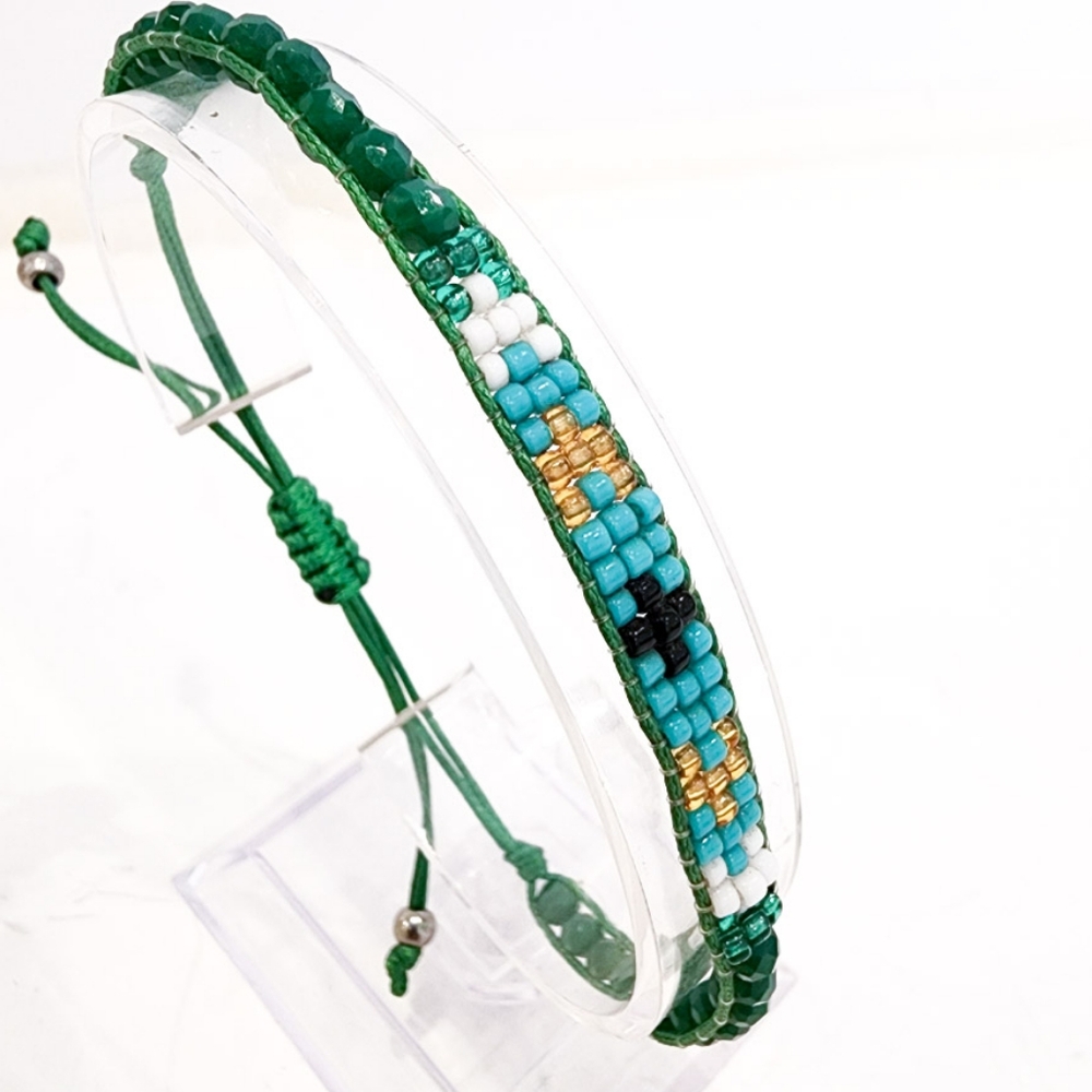 Boho dainty bracelet seed beads adjustable length artisan green teal blue gold